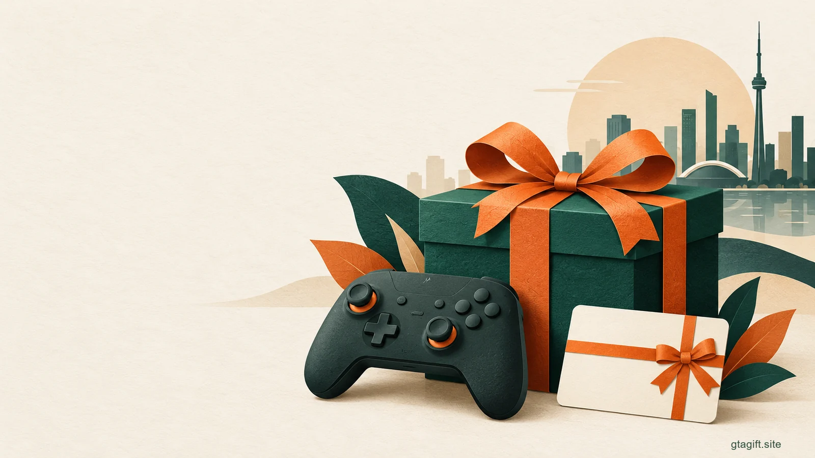 Illustrated gift box, controller and card on a cream background